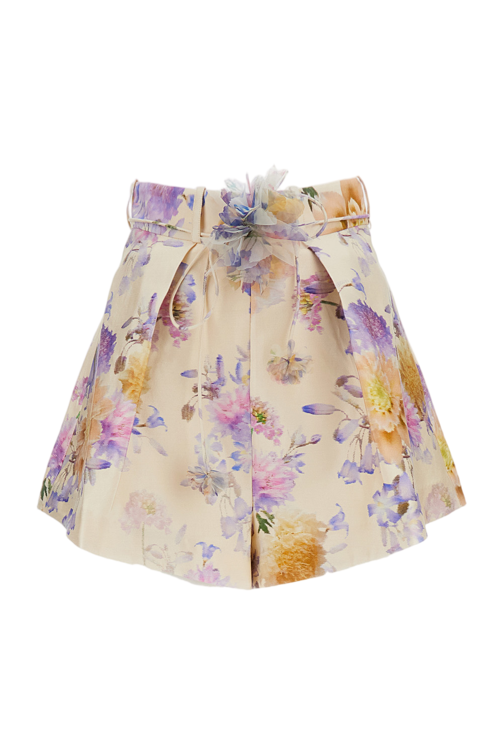Beige Luna Tuck Shorts With Floral Pattern