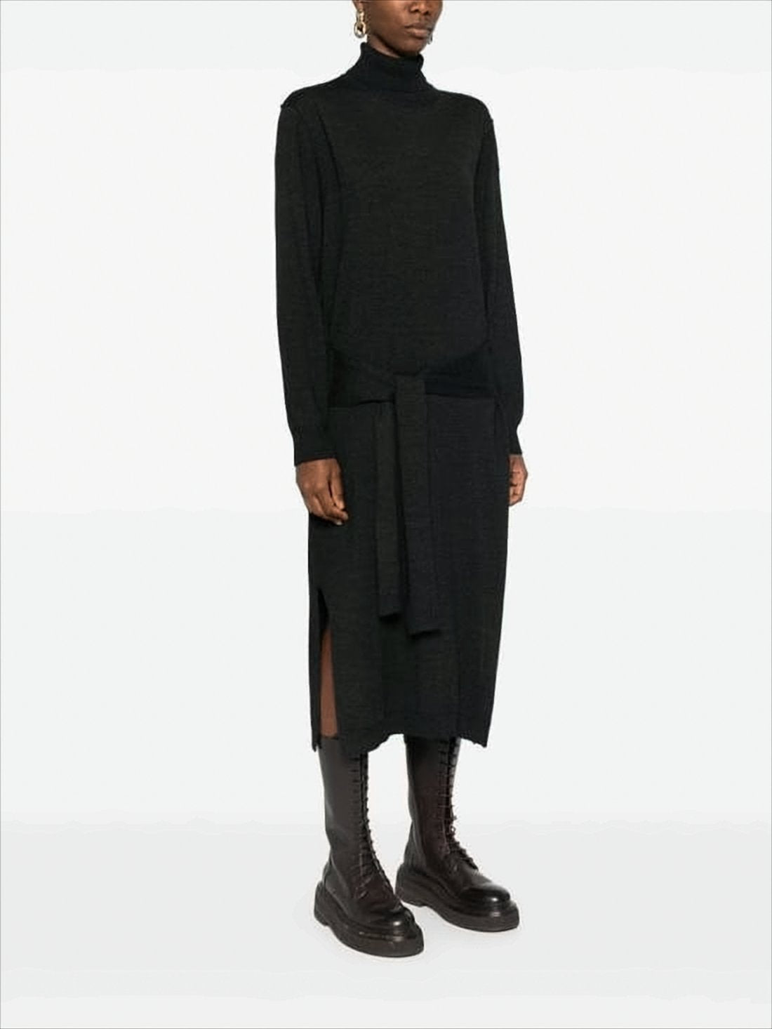 Turtleneck Midi Dress With Fabric Belt