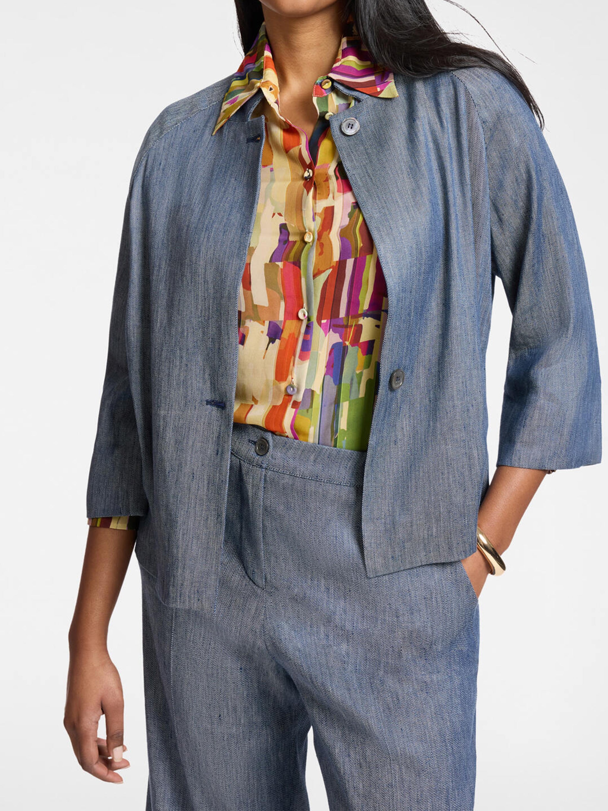Cropped Muted Blue Textured Woven Jacket