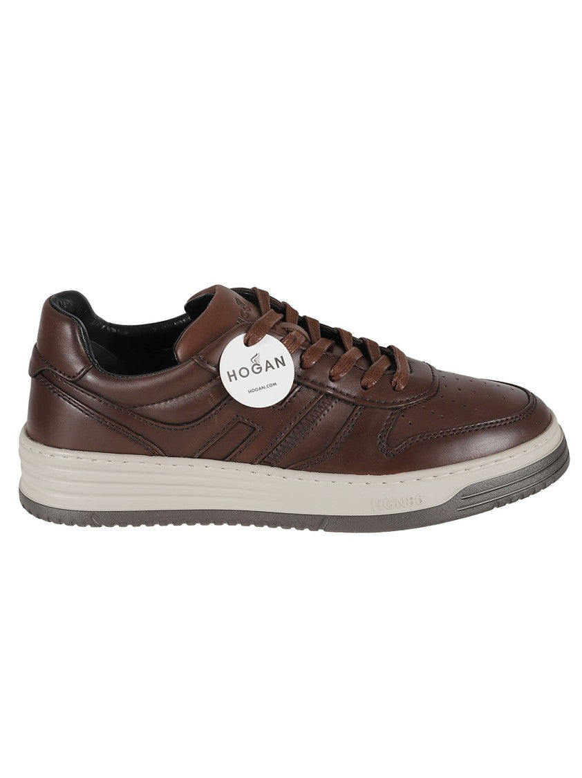 Brown Leather Sneakers With Perforated Detailing