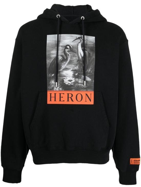 Graphic-Print Black Hoodie With Kangaroo Pocket And Metal Eyelets