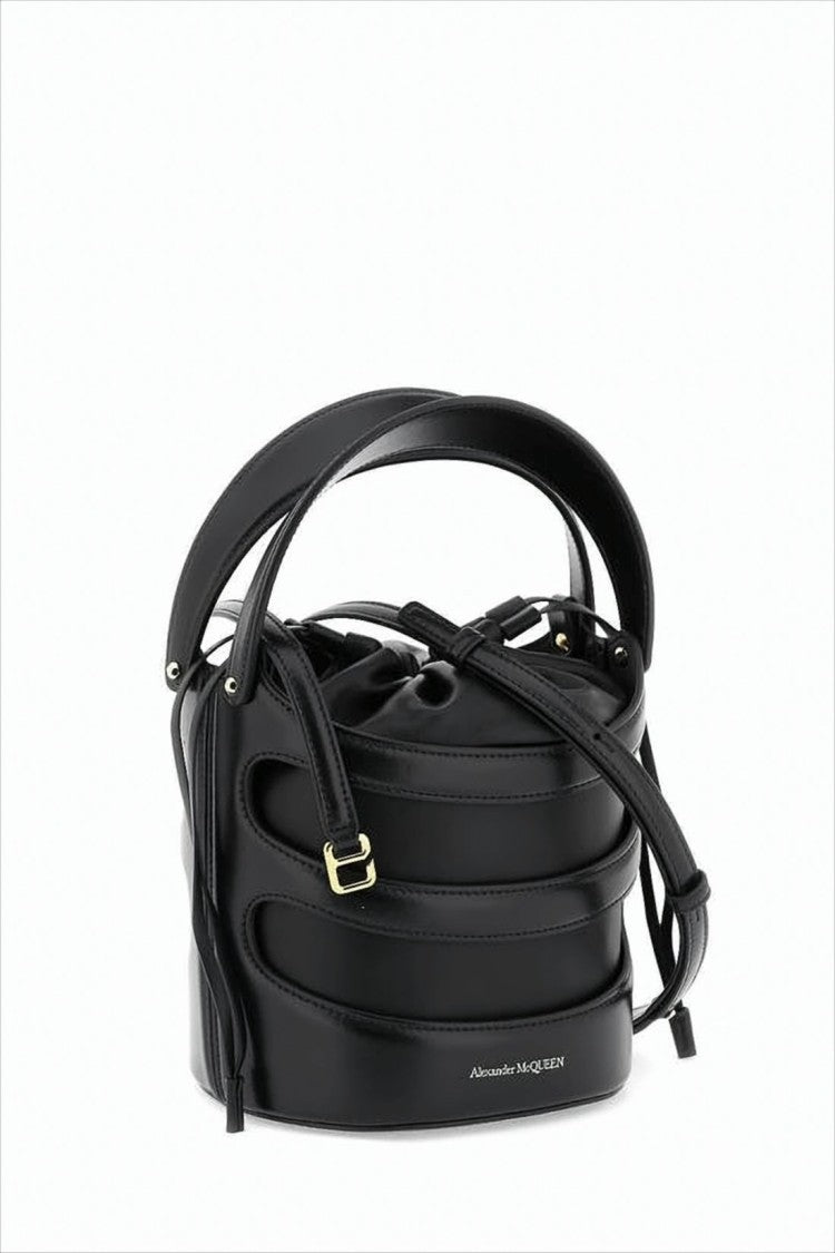 Layered Black Lambskin Crossbody Bag with Drawstring Closure