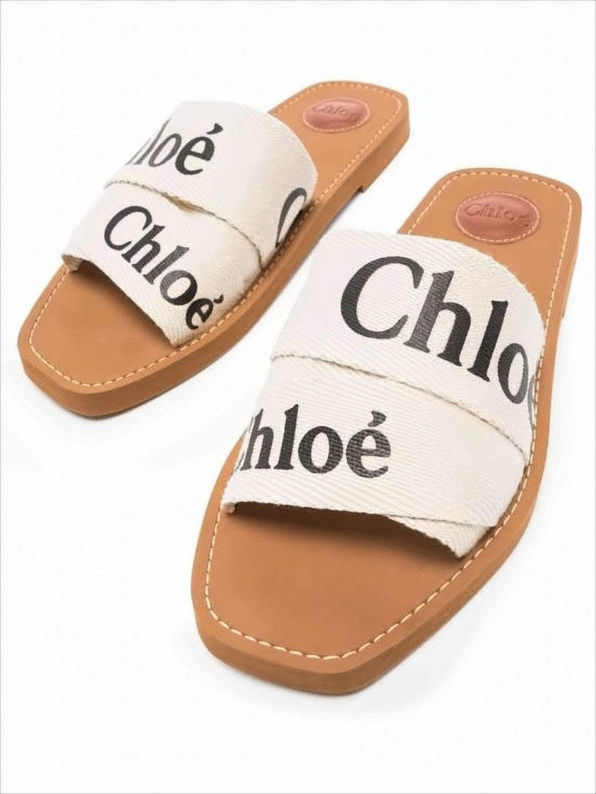 Flat Slide Sandals with Bold Text