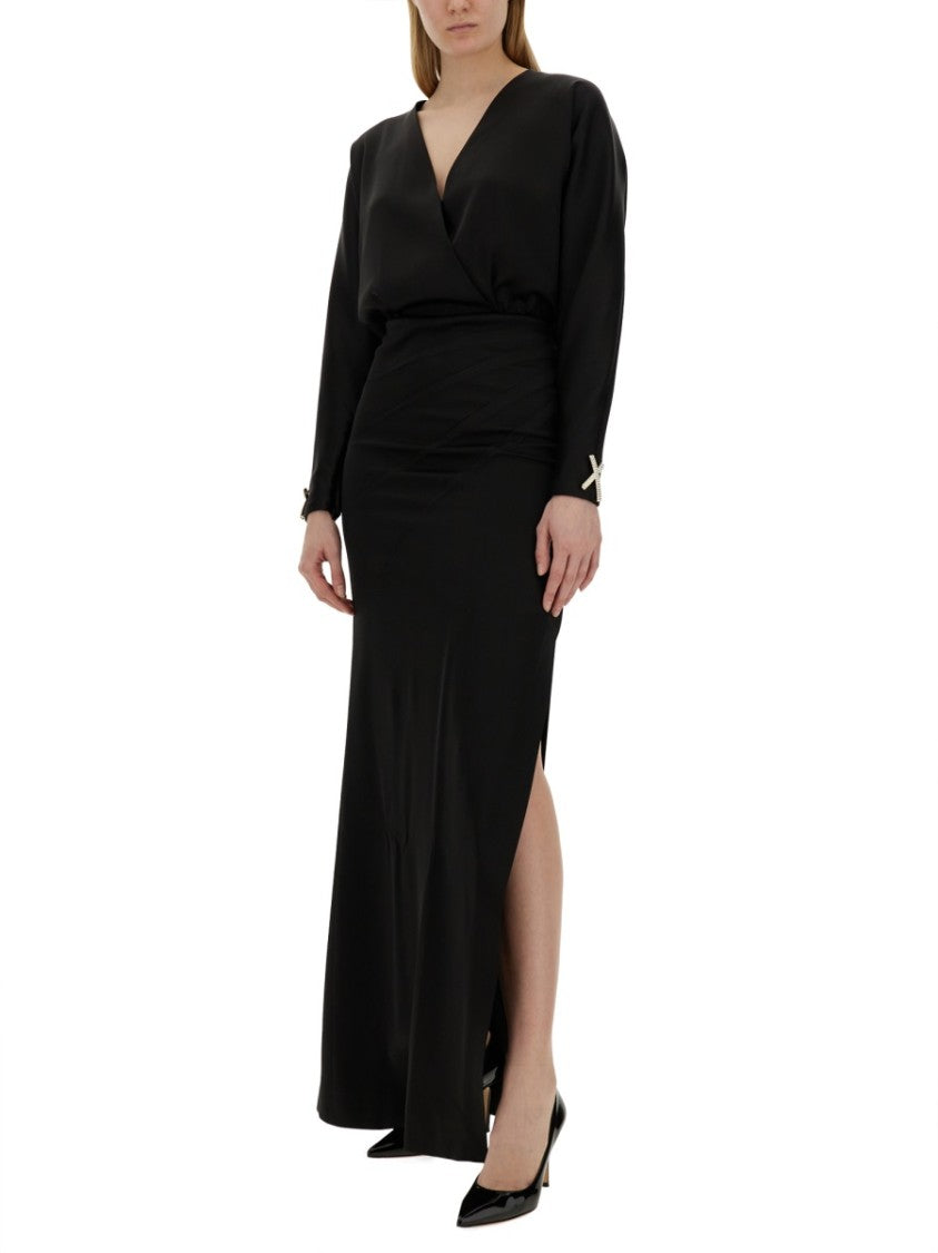 Black Long Dress With Deep V-Neckline And High Slit