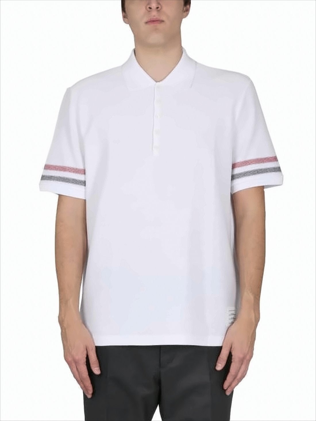 Classic White Polo Shirt with Red and Gray Stripes