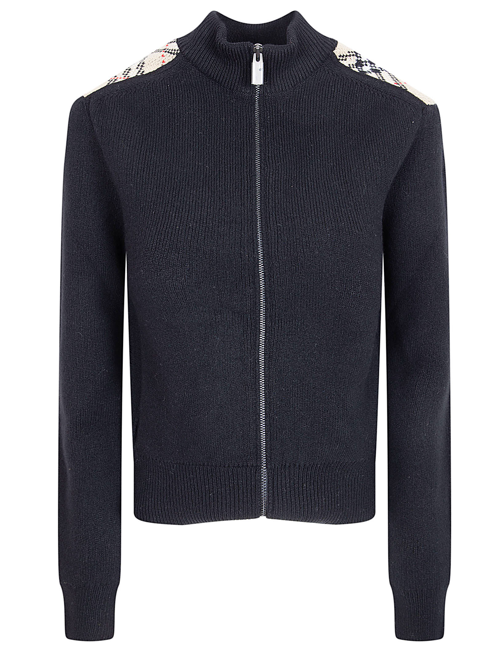 Cashmere-Wool Blend Cardigan with Plaid Patches and Full-Zip Closure