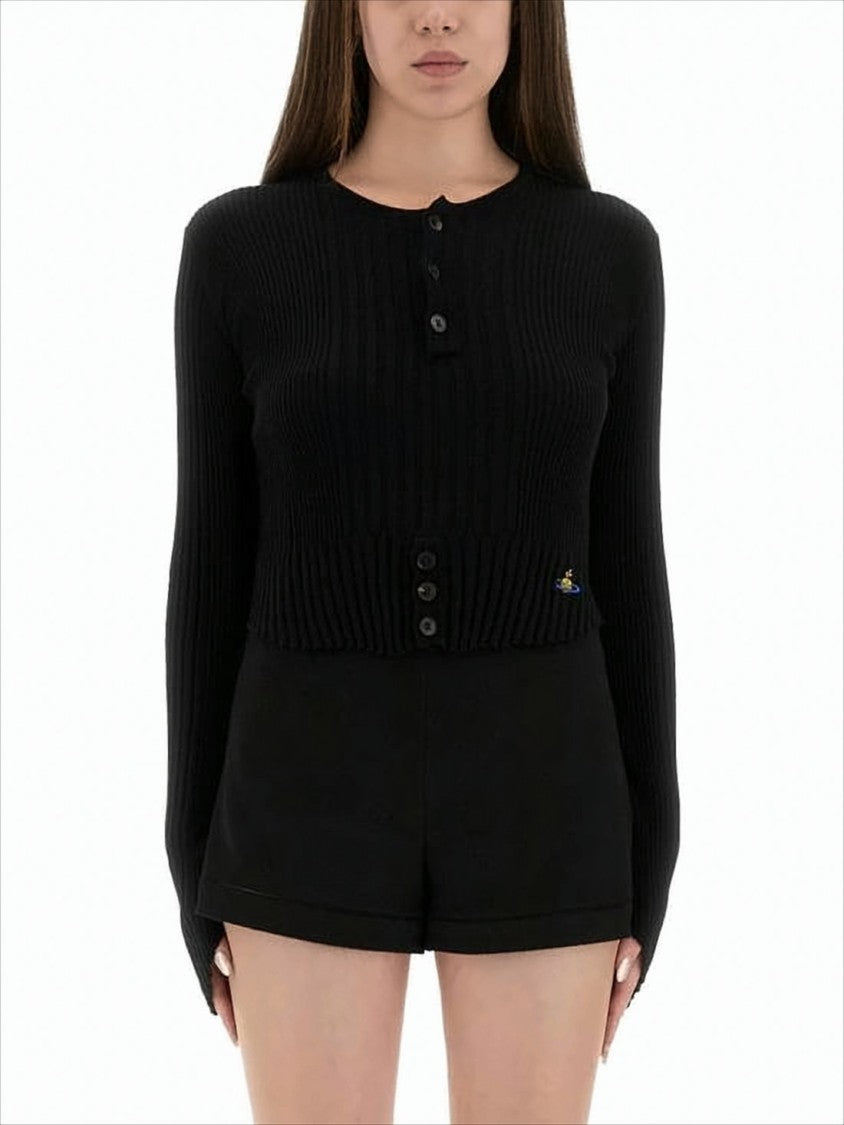 Cropped Fitted Knit Sweater with Button Placket