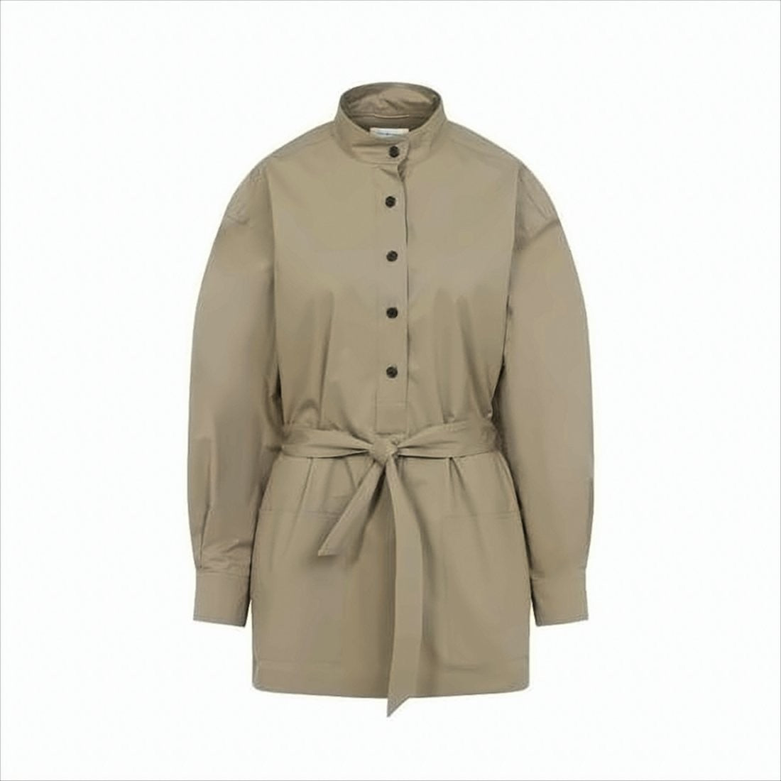 High Stand Collar Long-Sleeved Shirt with Self-Tie Belt