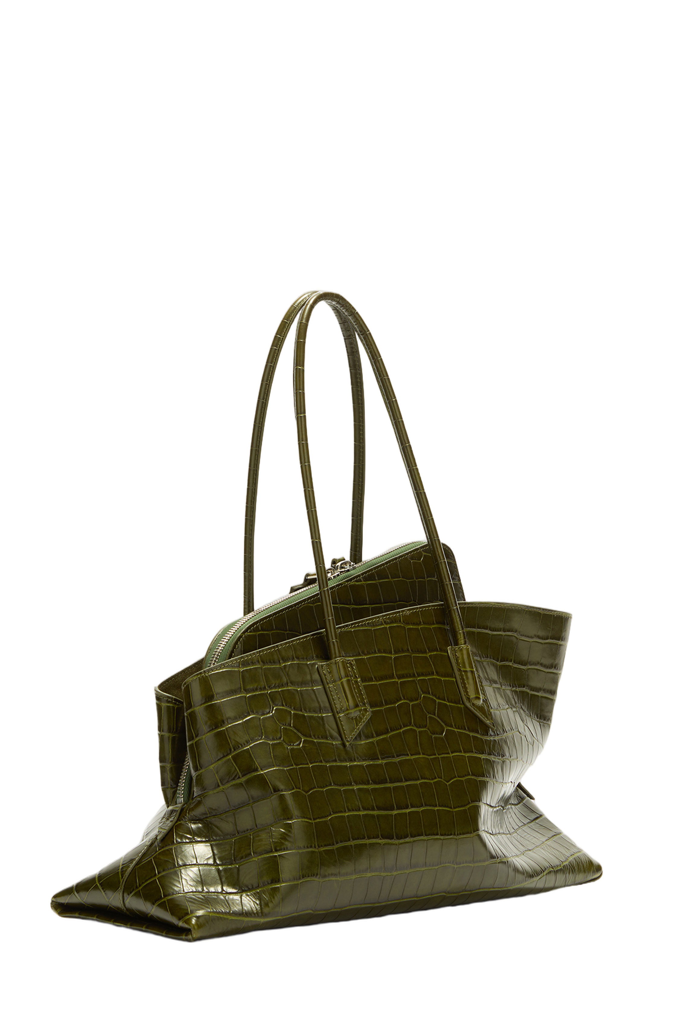 Deep Olive Green Crocodile-Embossed Tote Bag