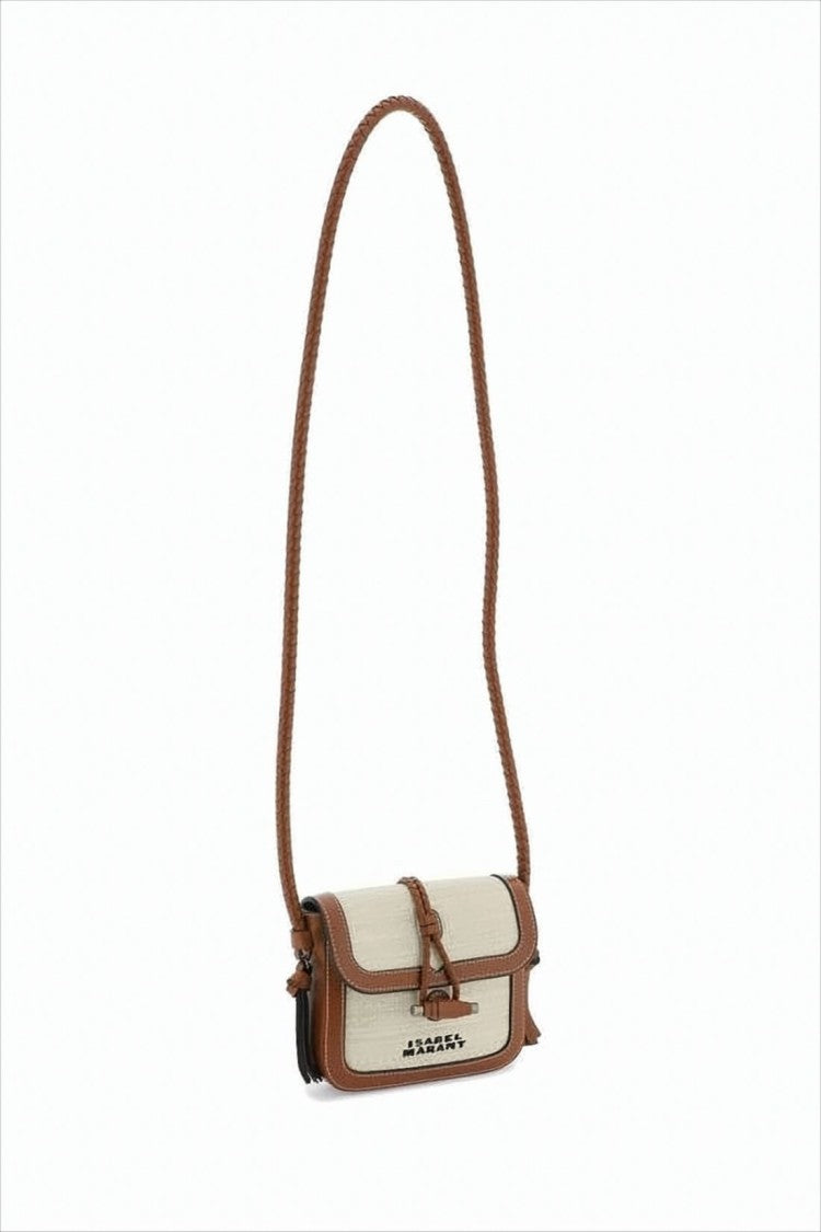 Woven Beige Fabric and Leather Crossbody Bag