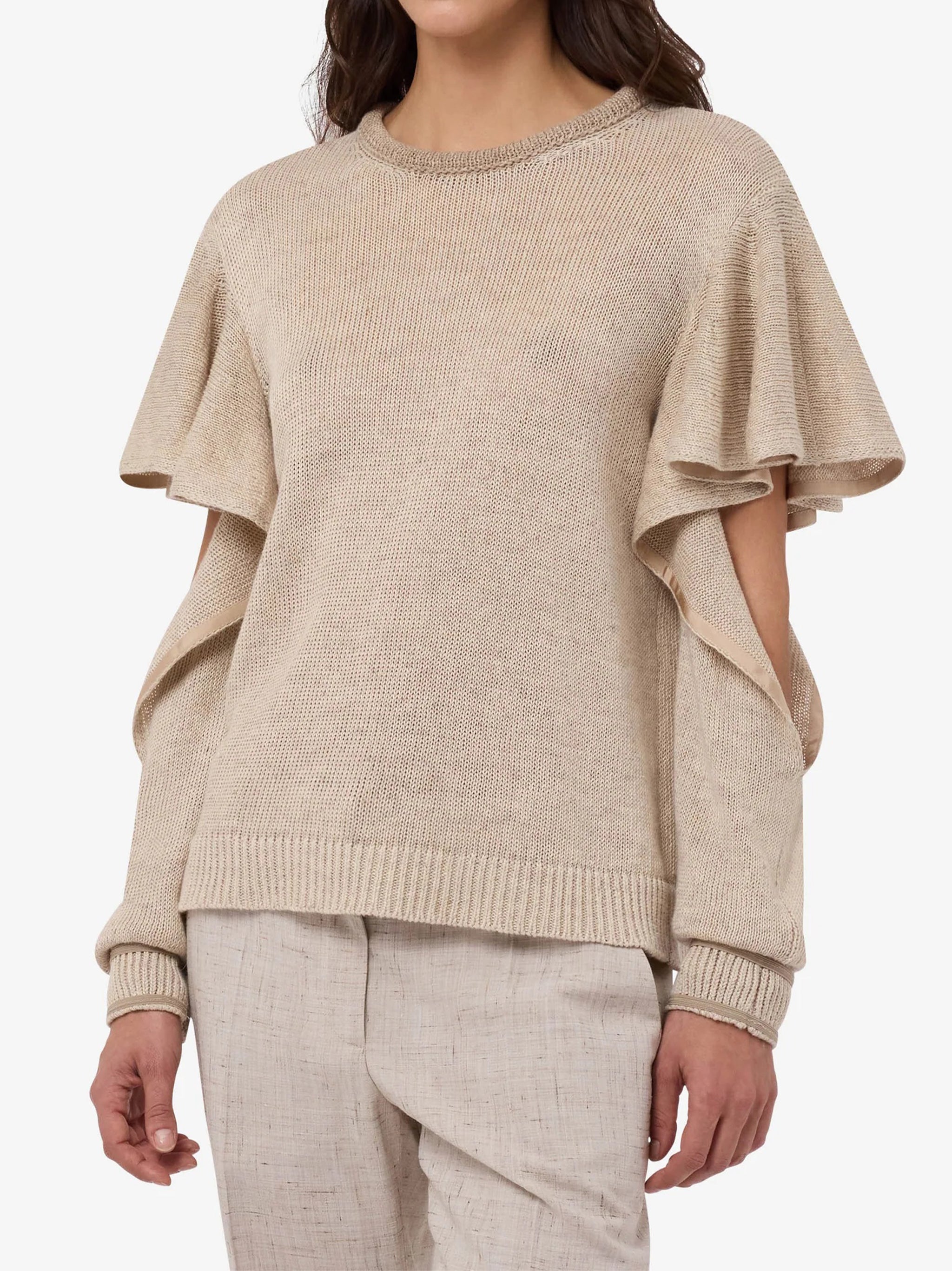 Ruffled Cut-Out Sleeve Knitted Linen Blend Top