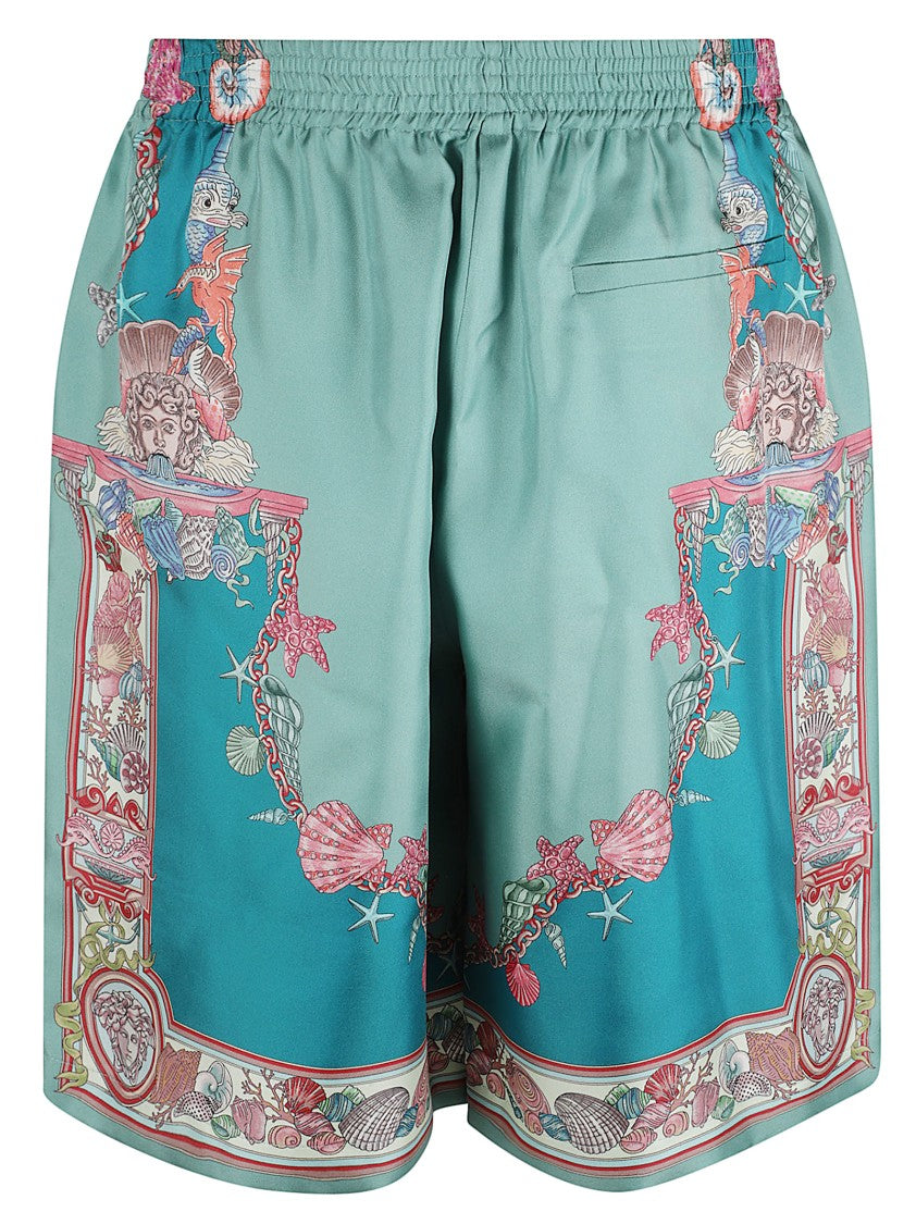 Teal Blue Shorts With Coral Theatre Motif