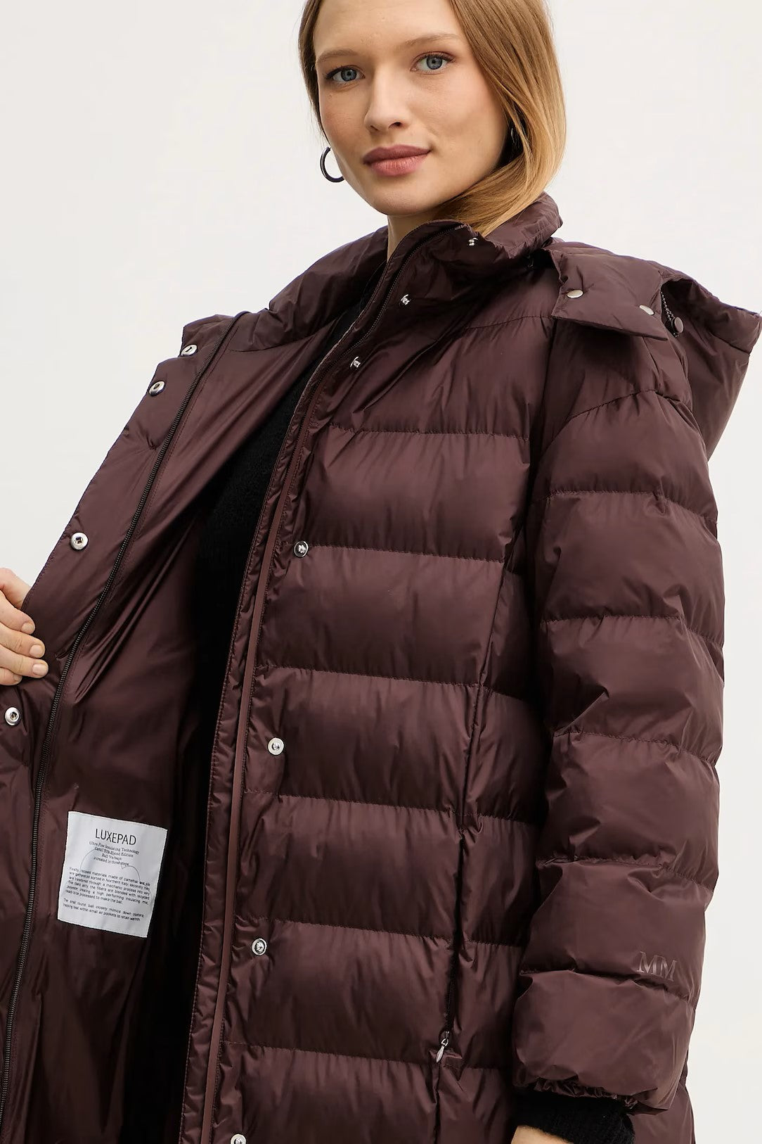 Burgundy Quilted Long Coat With Adjustable Hood