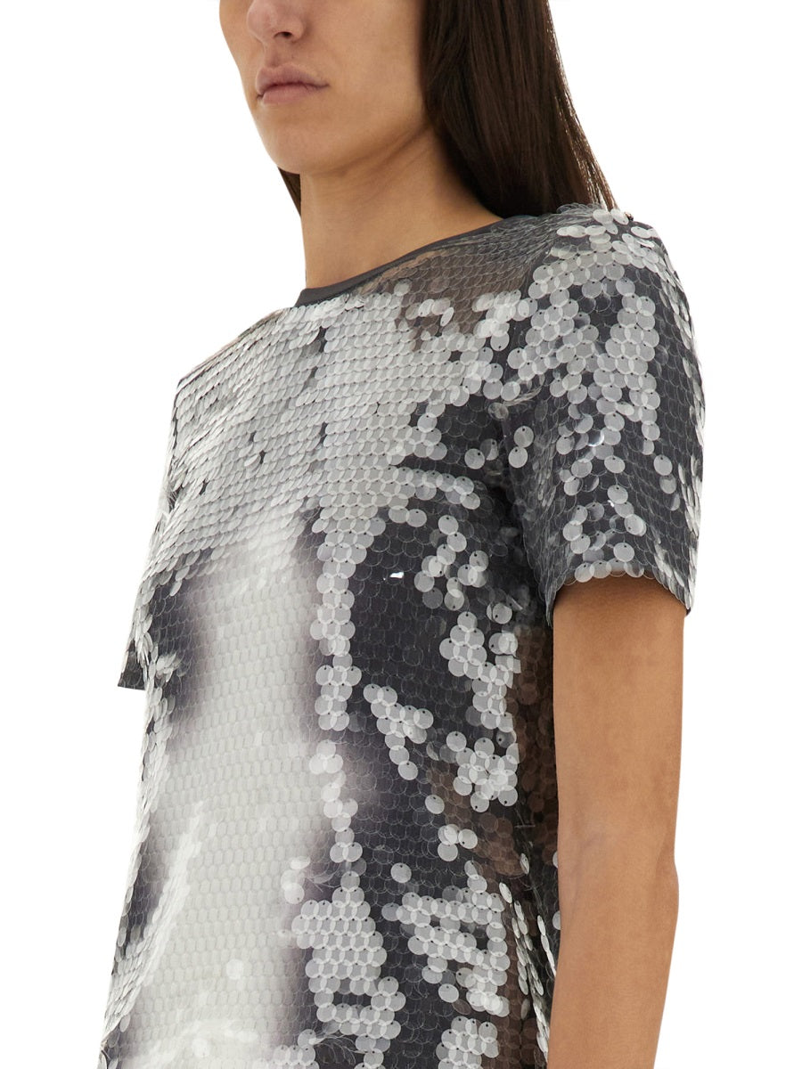Gradient Sequined Fitted Top With Short Sleeves
