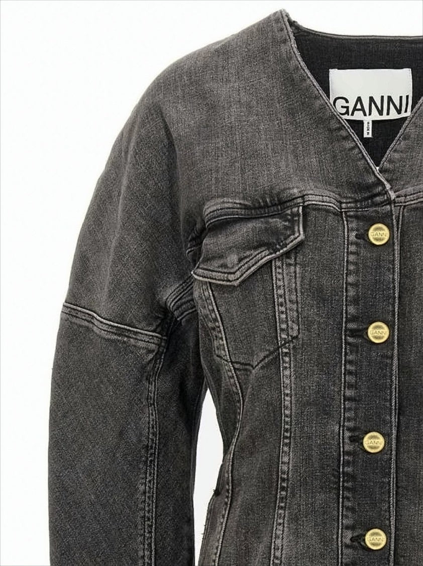Structured V-Neck Denim Jacket with Gold-tone Accents