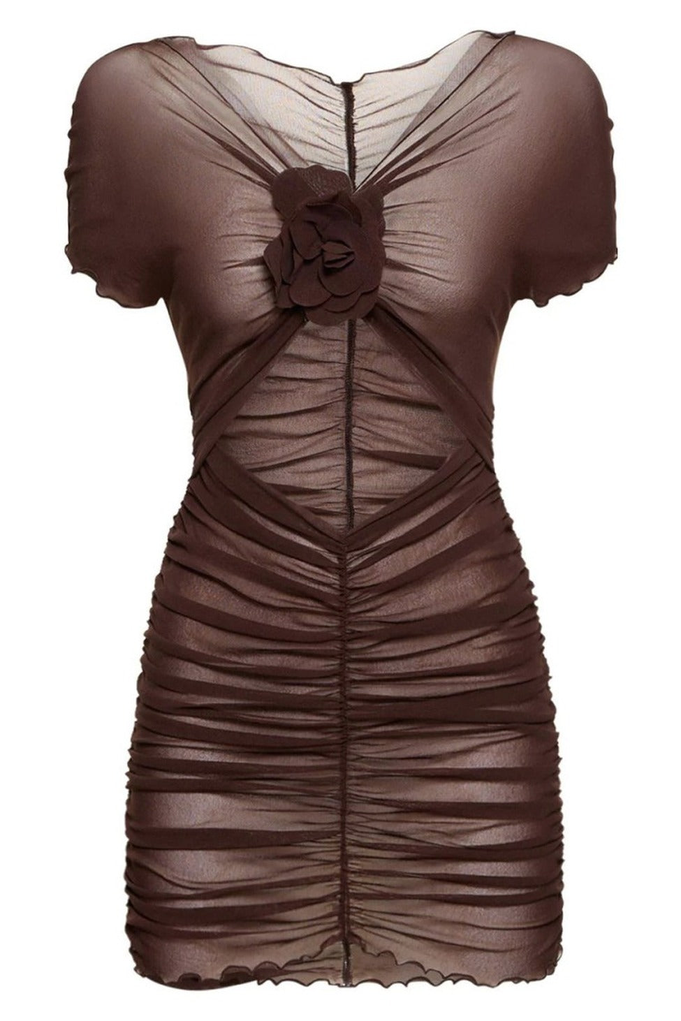 Ruched Mini Dress With Floral Detail And Sheer Overlay