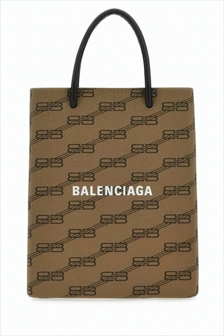 Rectangular Brown Tote Bag with Chain-Link Pattern and Logo