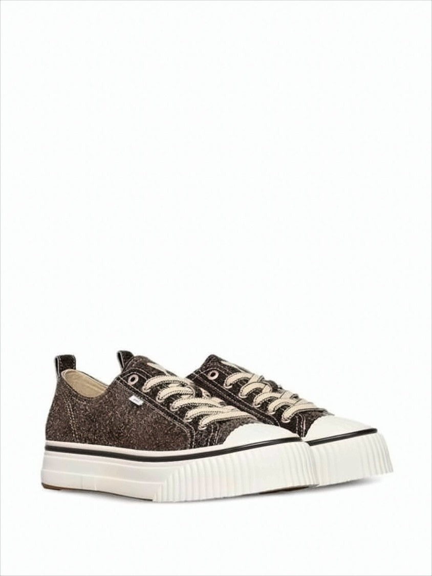 Textured Dark Brown Low-Top Sneakers With Cream Laces And Heart Detail