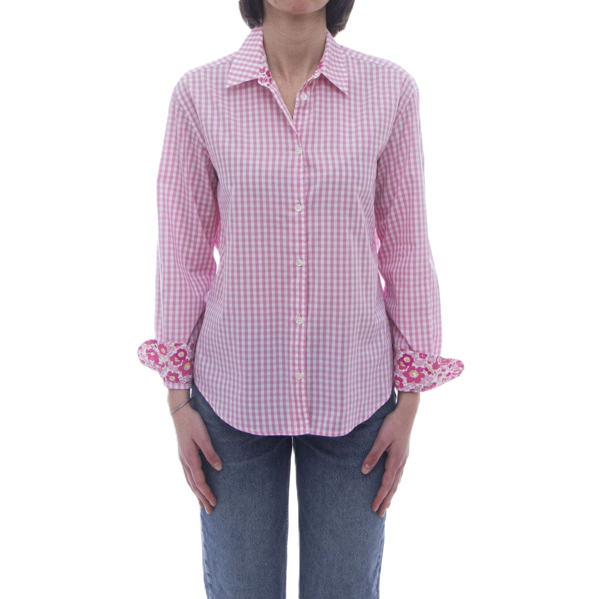 Gingham Check Long-Sleeved Shirt with Floral Cuffs