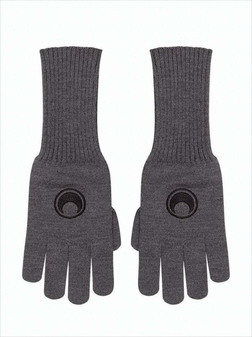 Knitted Merino Wool Gloves With Embroidered Crescent Moon