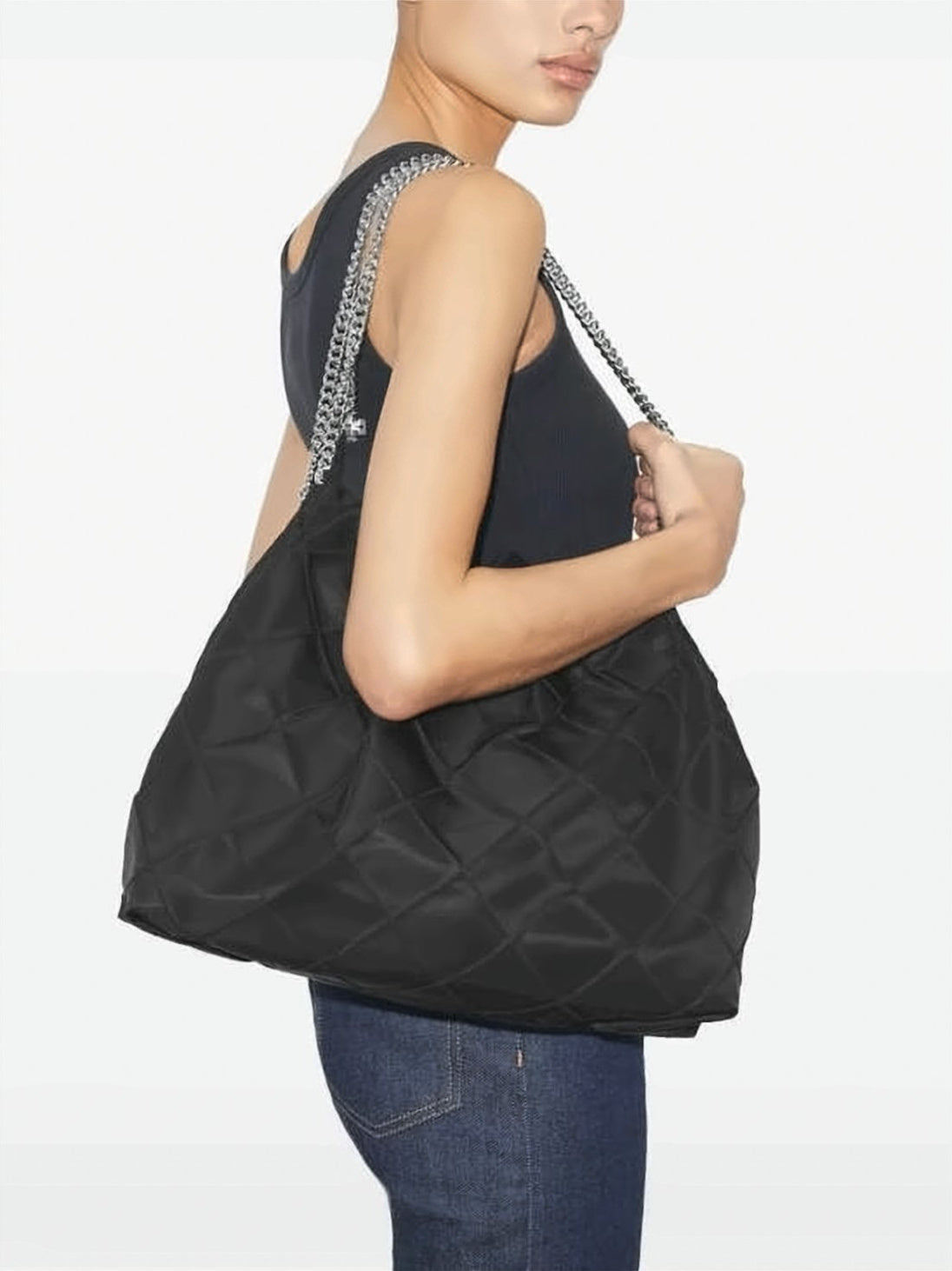 Black Quilted Diamond Pattern Nylon Hobo Bag