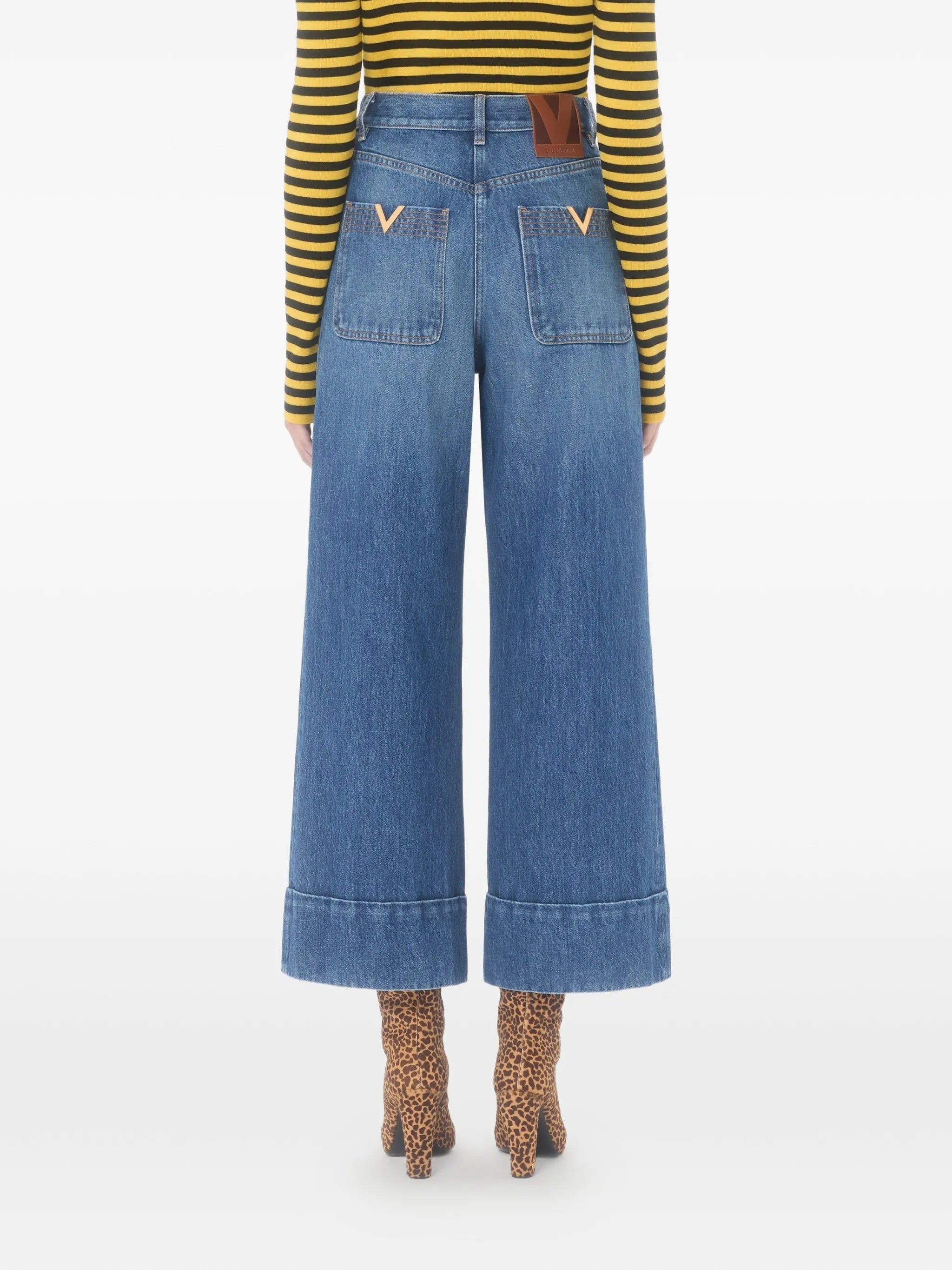 Medium Blue Wide-Leg Cuffed Denim Jeans