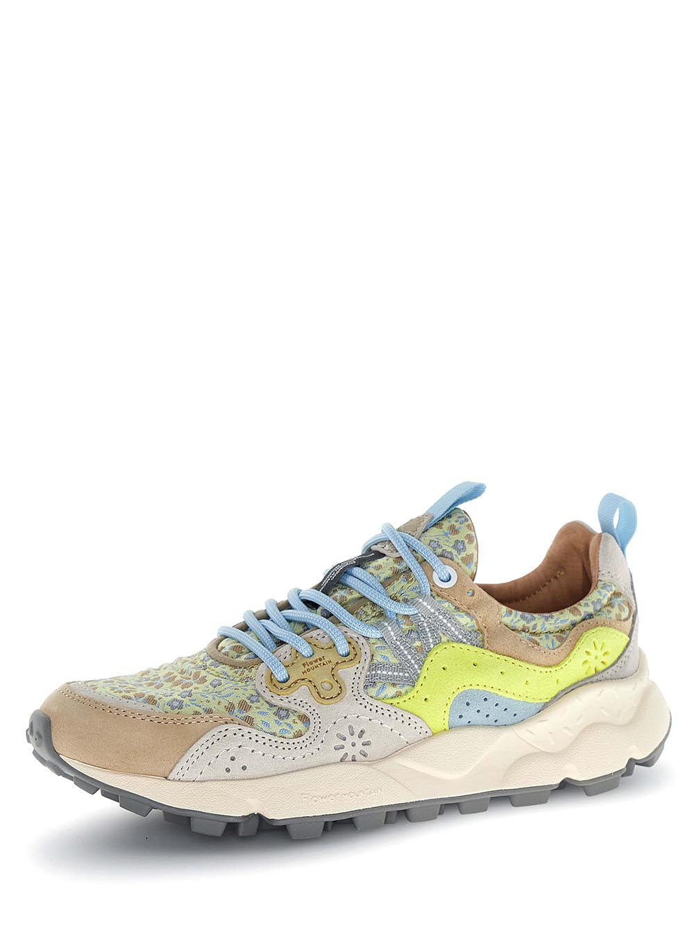 Floral-Patterned Sneakers with Suede Overlays and Chunky Sole