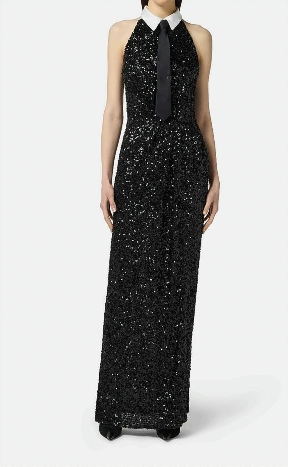 Full Sequined Evening Dress With Shirt Collar