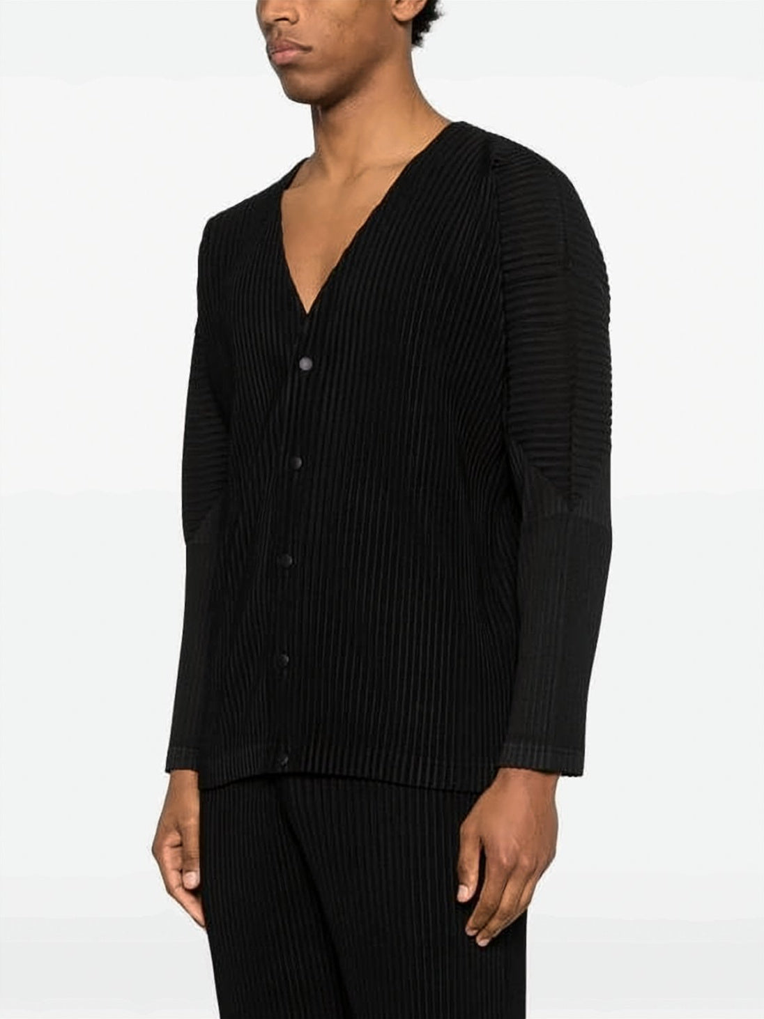 Textured Pleated Cardigan with Deep V-Neckline