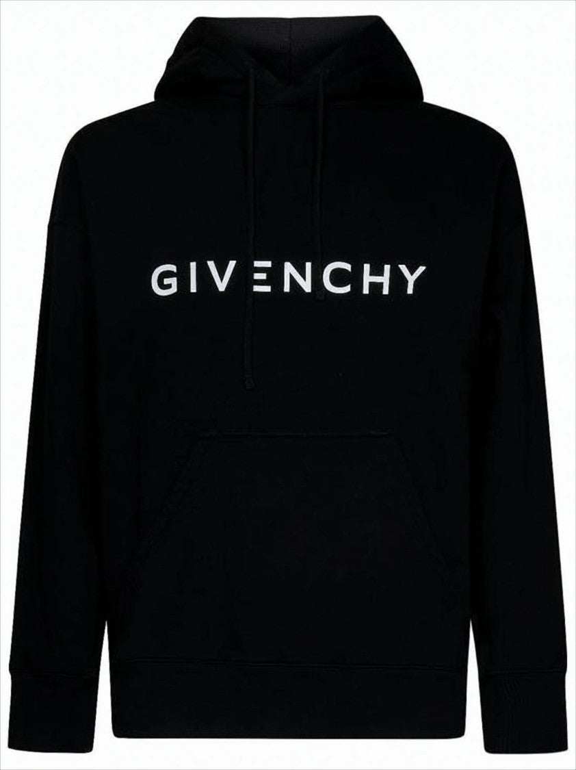 Black Cotton Hoodie with Bold Logo and Adjustable Drawstring