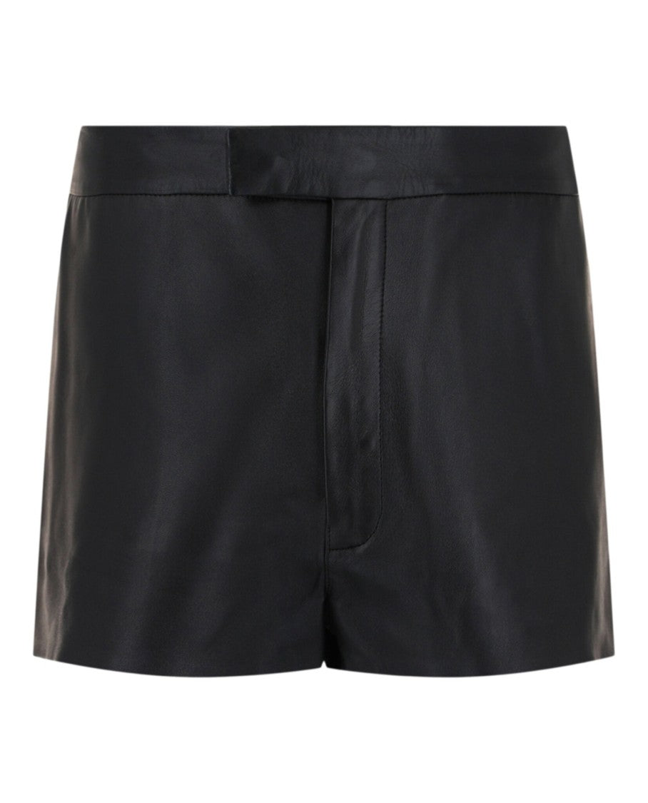 Mid-Rise Lambskin Leather Shorts With Concealed Button And Pockets