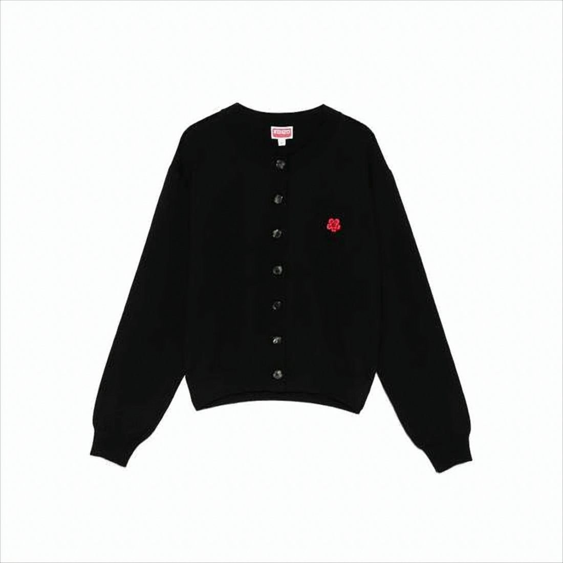 Classic Button-Up Wool Cardigan With Embroidered Floral Emblem