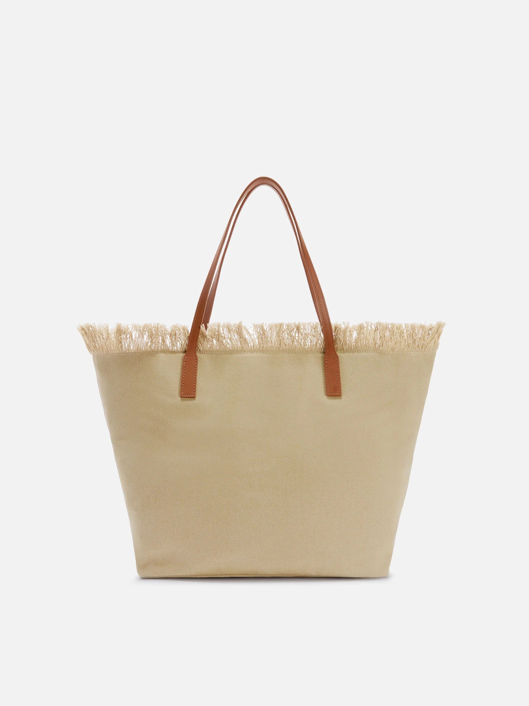 Fringed Beige Canvas Tote Bag with Leather Accents