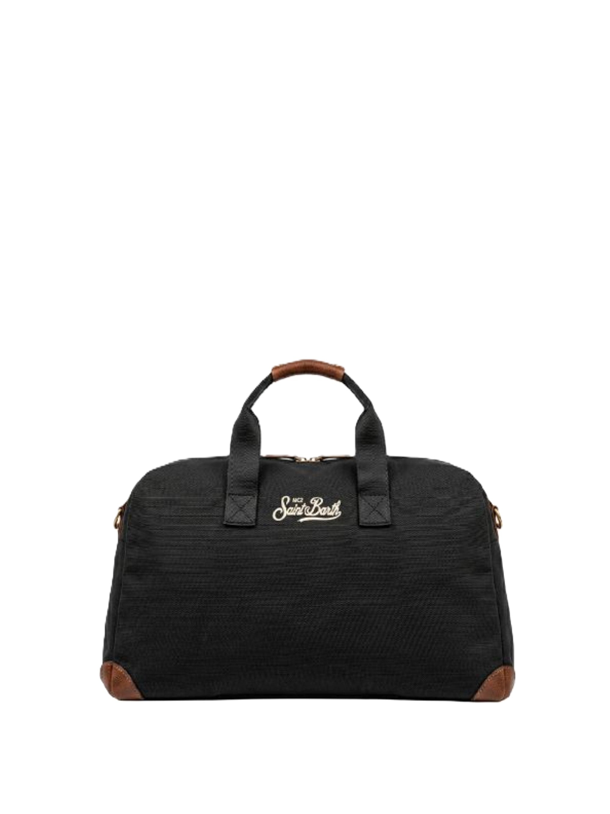 Rectangular Black Duffle Bag with Brown Leather Accents