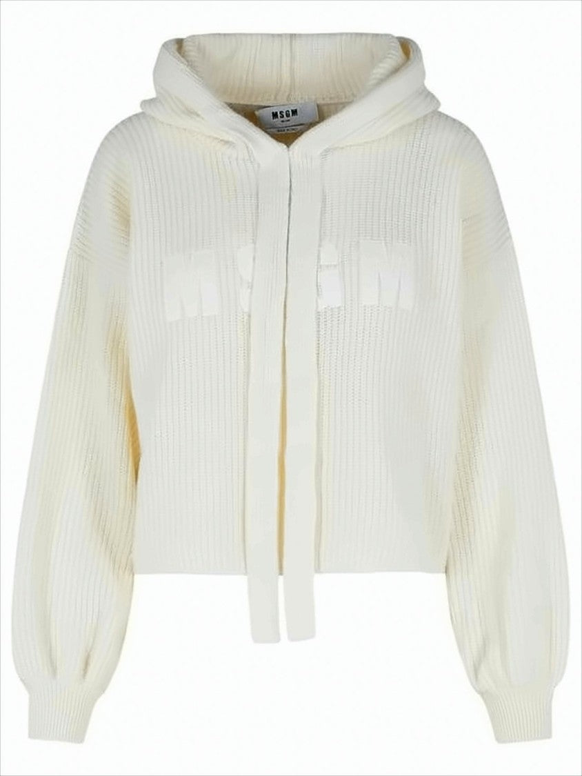 Cropped Knit Sweater with Hood and Balloon Sleeves