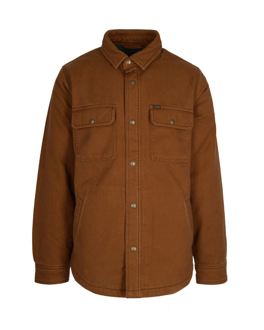 Fleece-Lined Brown Canvas Shirt Jacket With Metal Snap Buttons