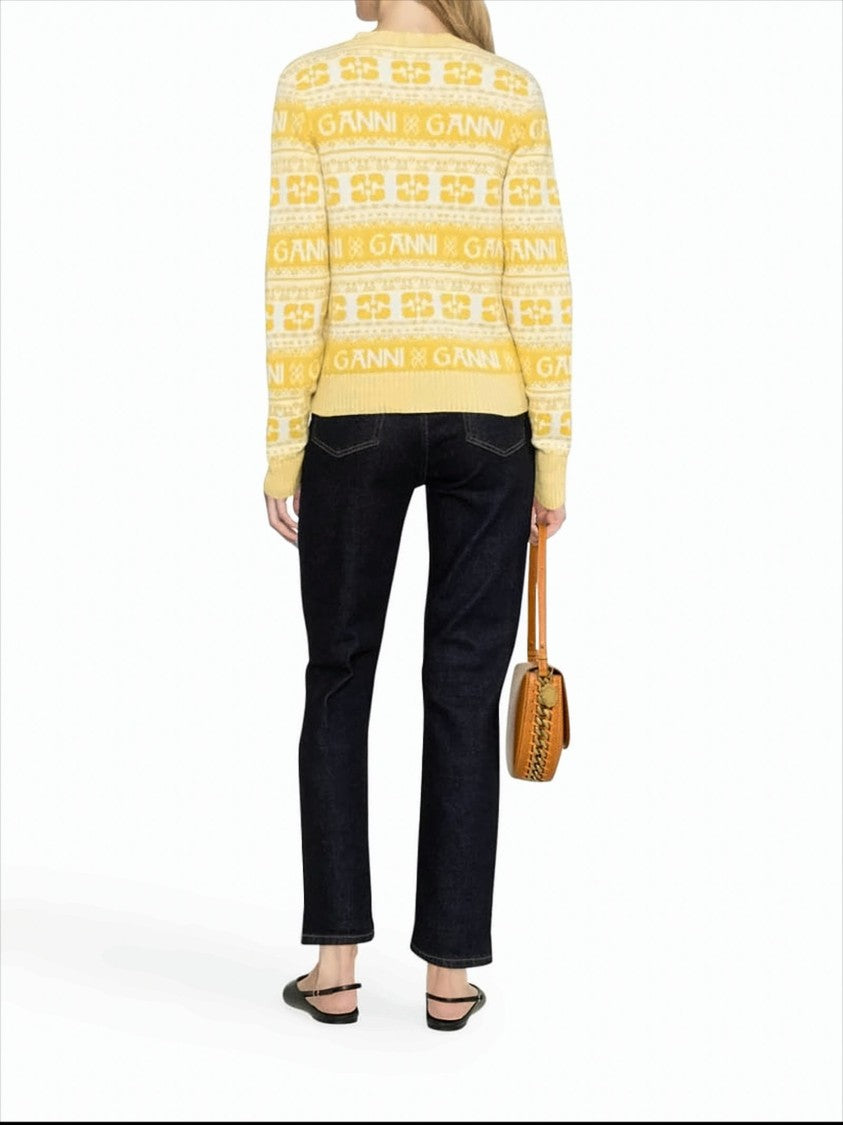 Cropped V-Neck Cardigan with Logo Motifs and Geometric Designs