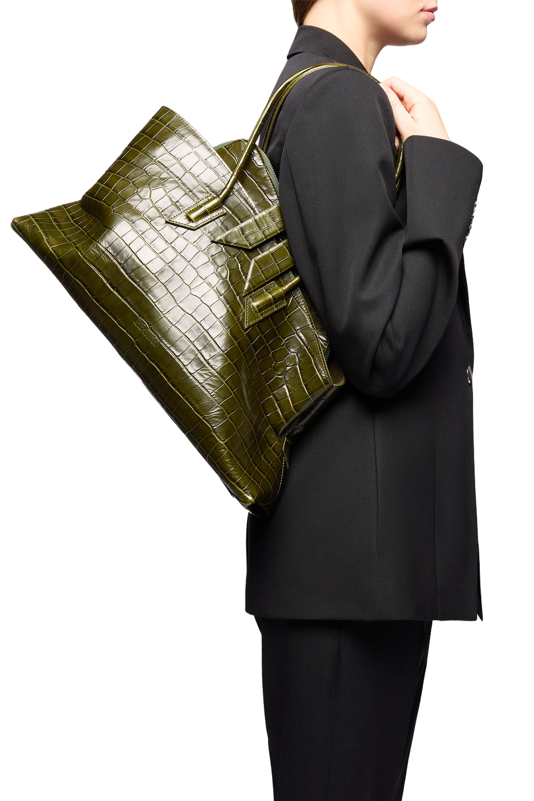 Deep Olive Green Crocodile-Embossed Tote Bag