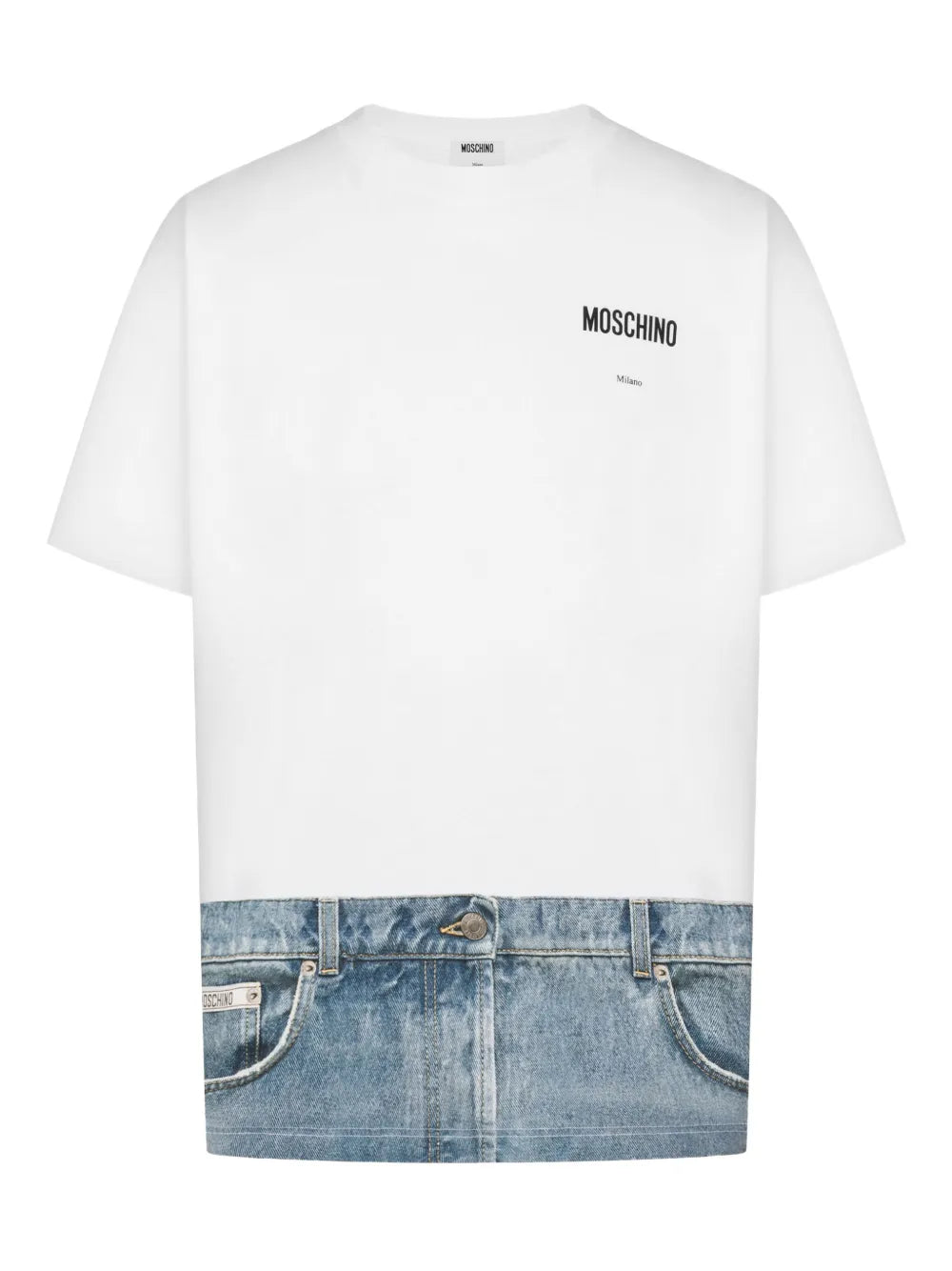 White T-Shirt With Denim-Inspired Hem Design