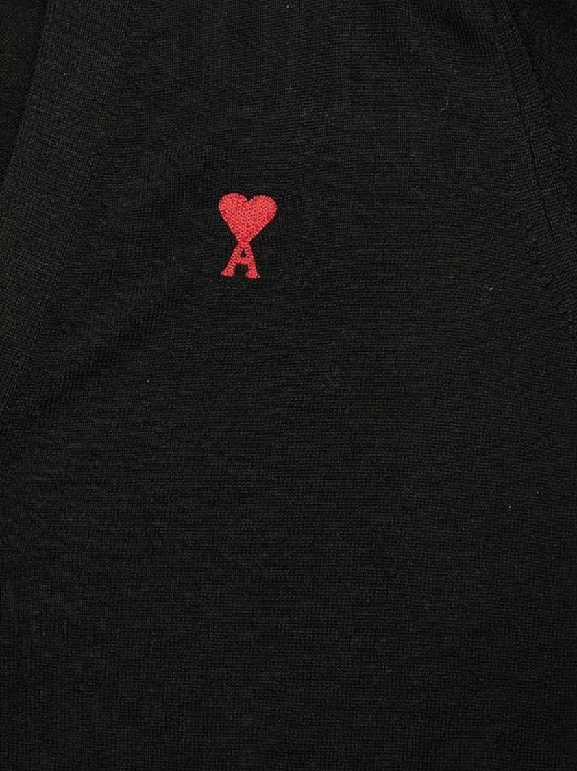 V-Neck Black Wool Cardigan With Embroidered Accent