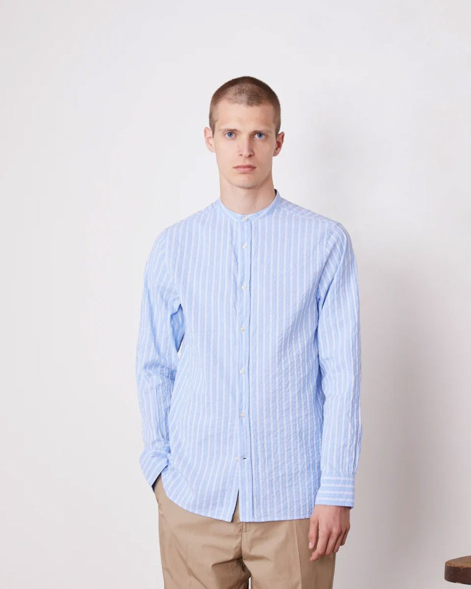 Band Collar Shirt With Gathered Pleats