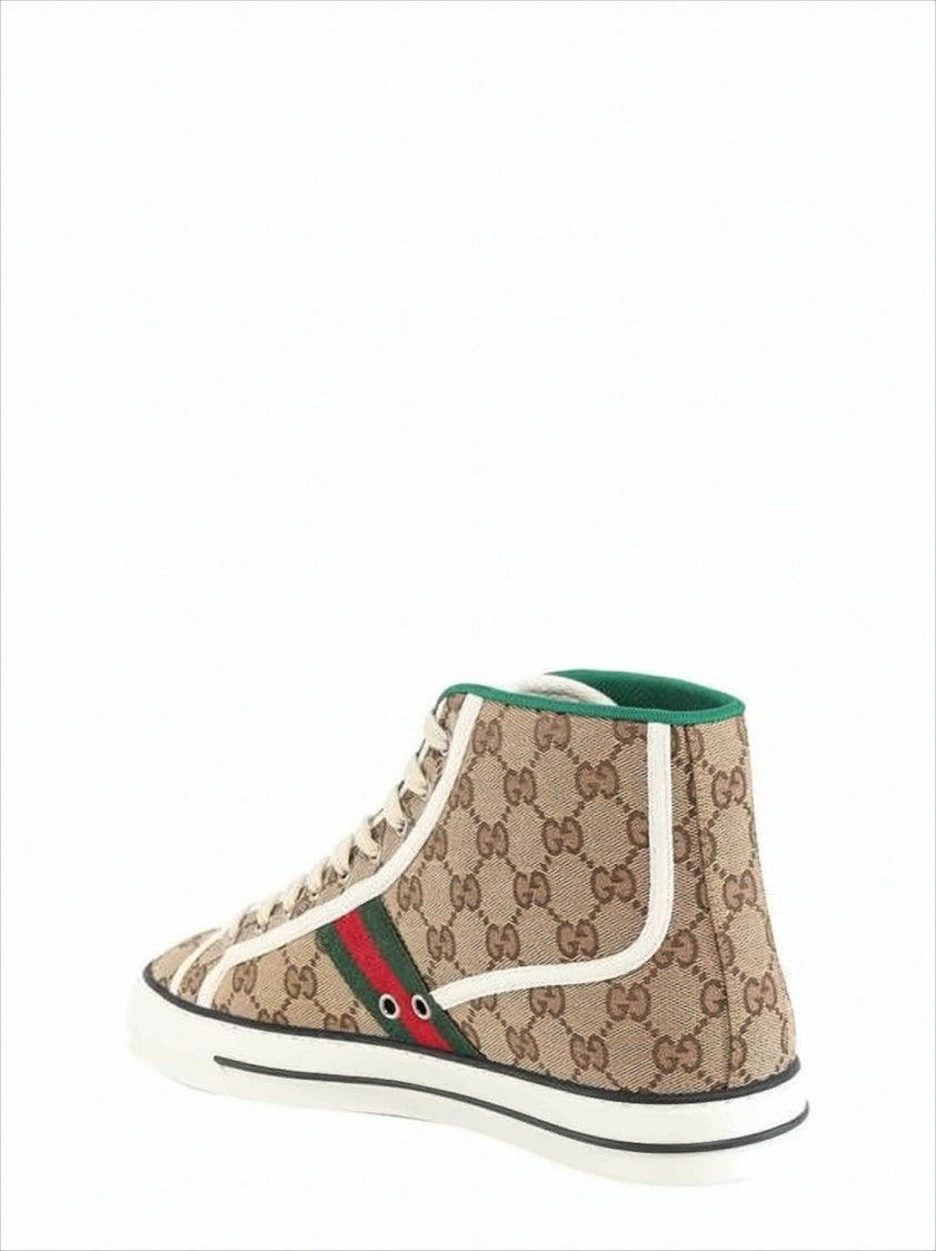 Beige Canvas High-Top Sneakers with Monogram
