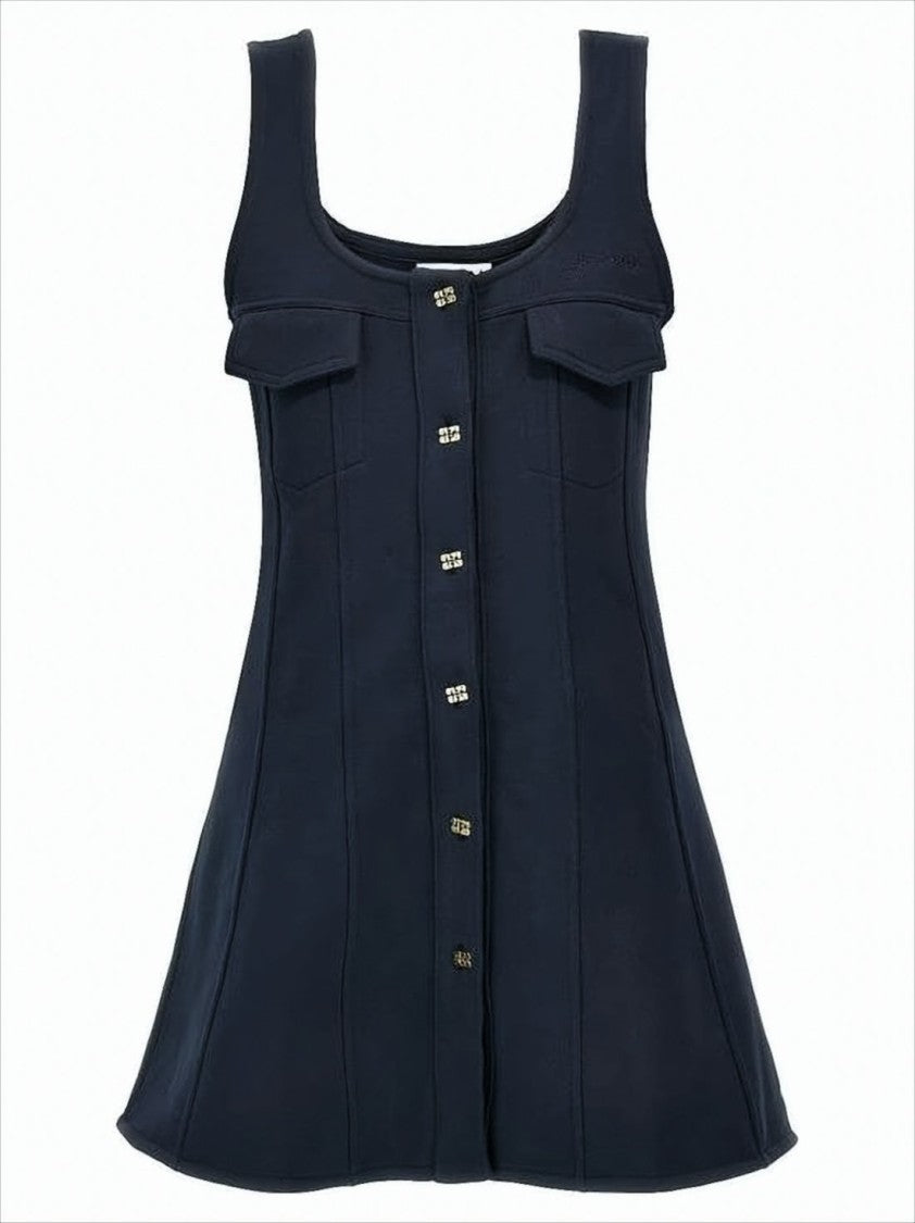 Structured Black Mini Dress With Flared Hem And Decorative Pockets