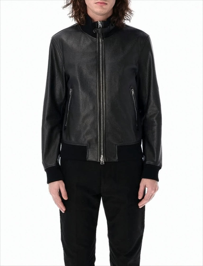 Black Leather Jacket with Ribbed Cuffs