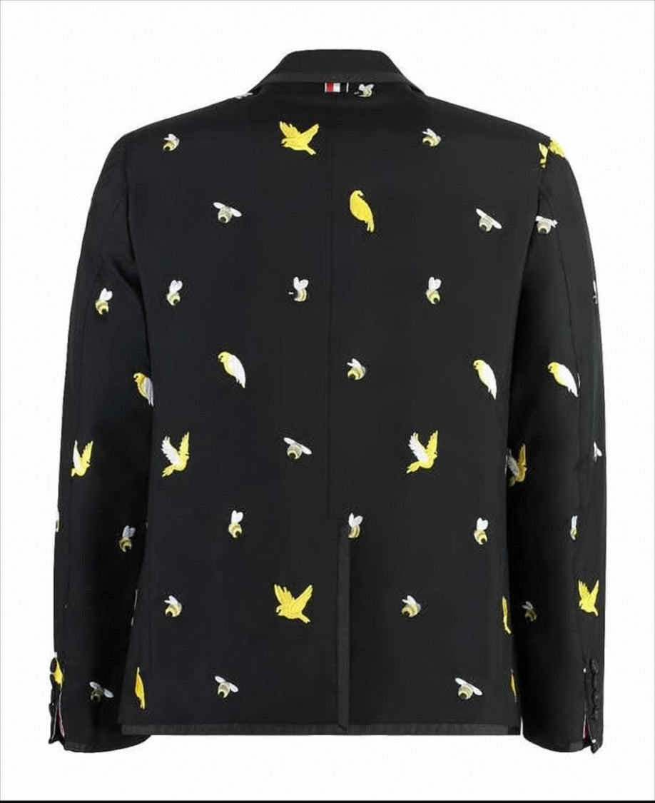 Tailored Black Suit Jacket with Playful Bird Motifs
