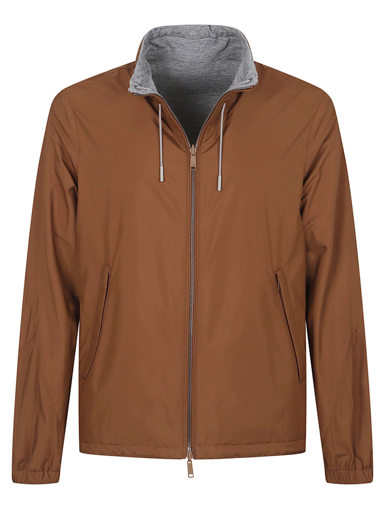 Brown Zip-Front Casual Jacket with Leather Detailing