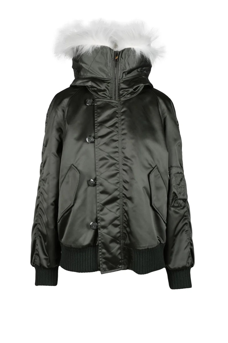 Padded Bomber Jacket Fur Hood - Military Green