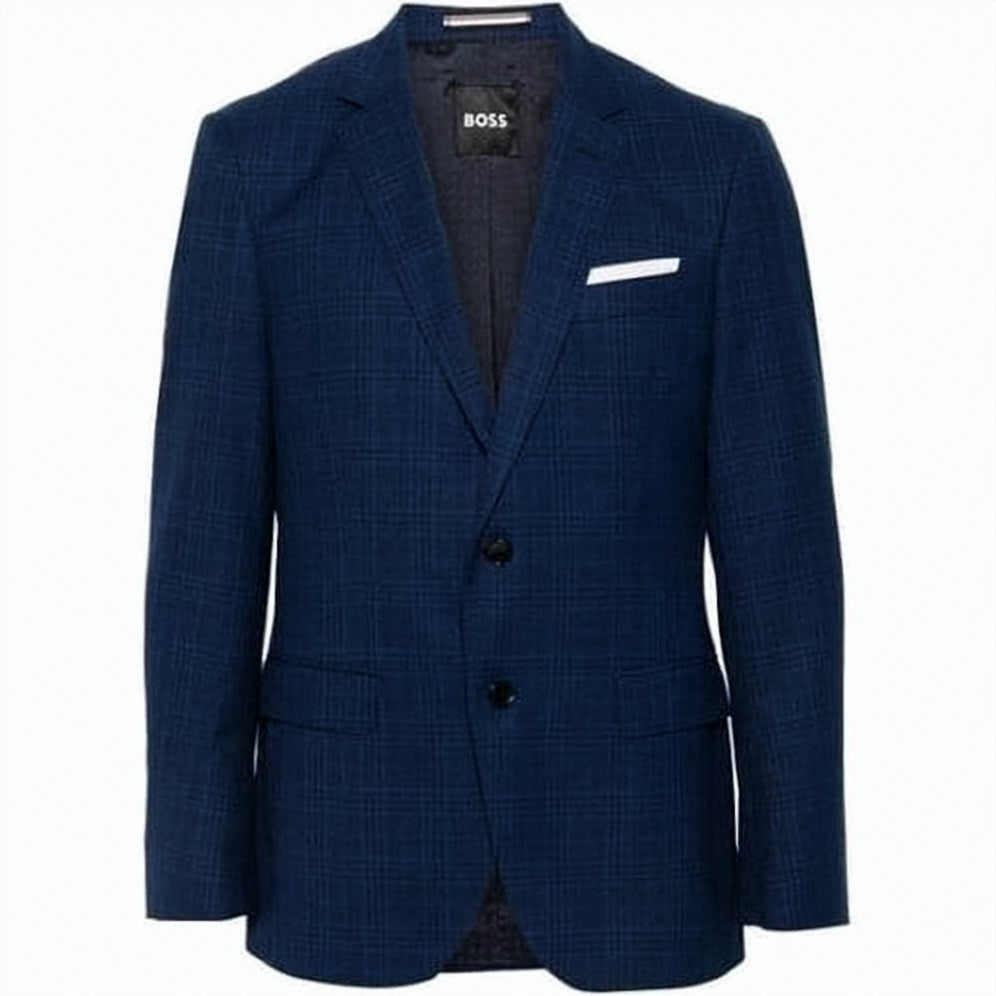 Tailored Blue Wool Jacket with Notch Lapel and Check Pattern