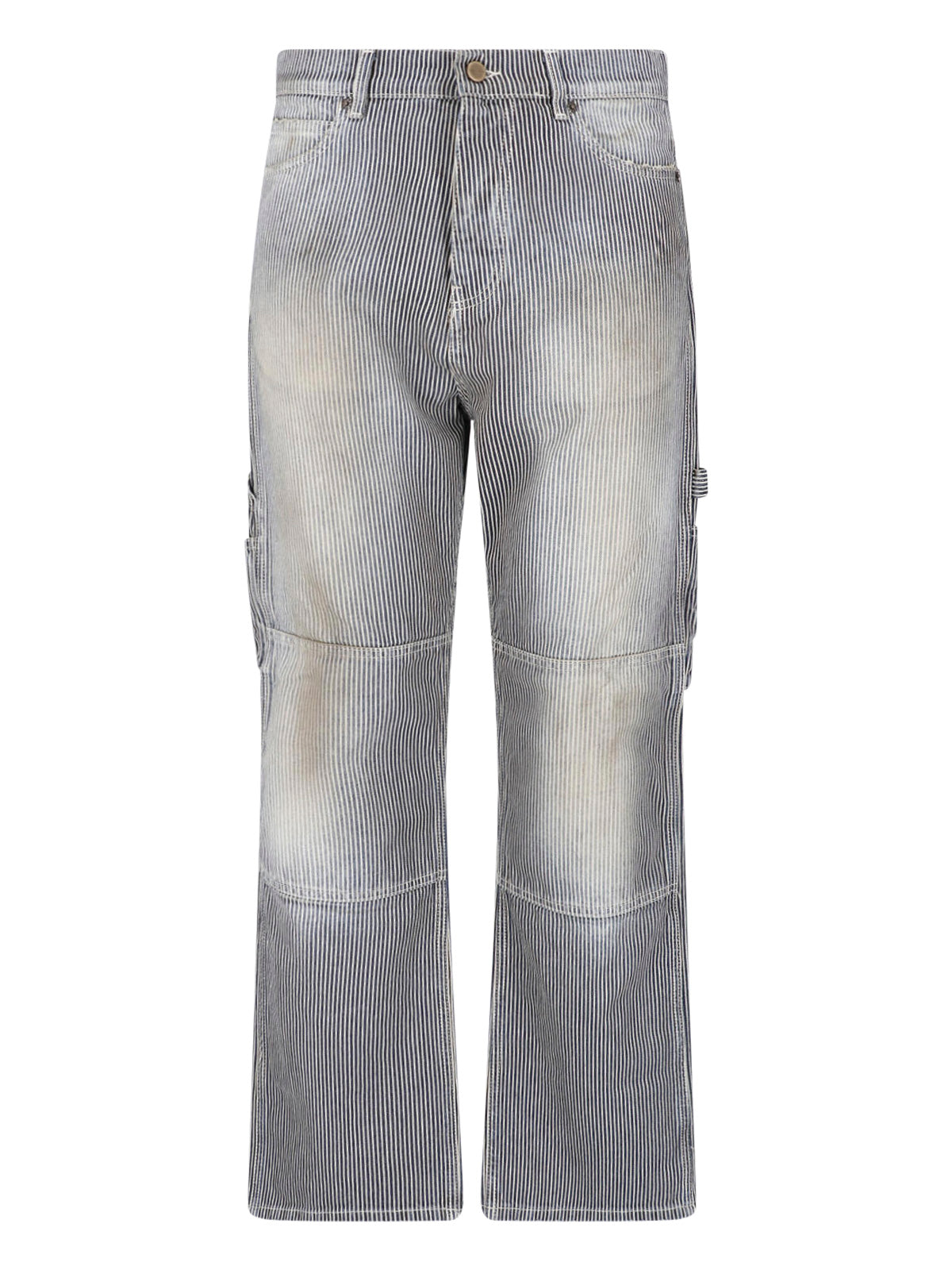 Relaxed Fit Denim Jeans with Vertical Pinstripe Pattern and Vintage Aesthetic