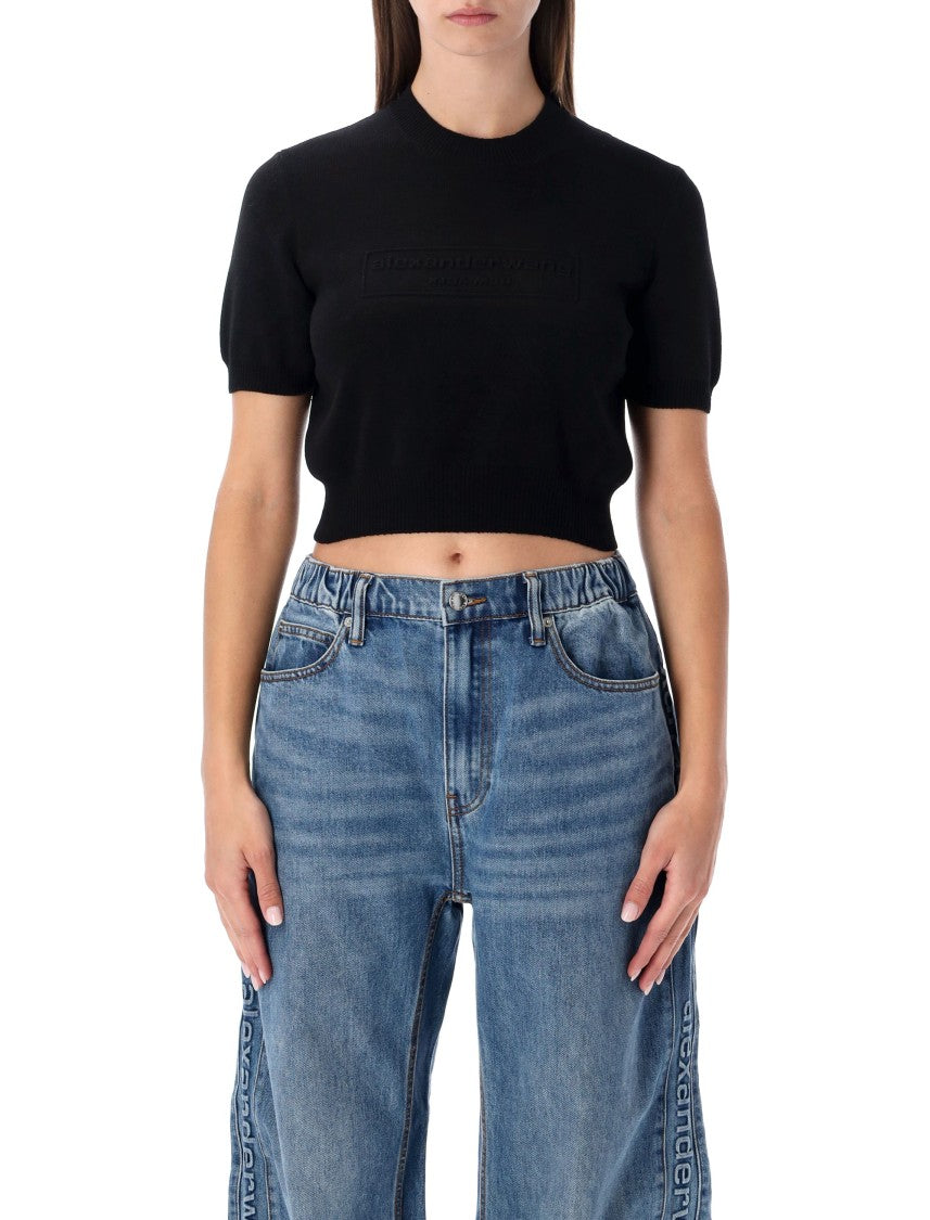 Cropped Ribbed Chenille Sweater With Logo